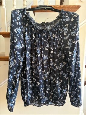IMNYC Navy Blue Floral Smocked-Neck Long Sleeve Blouse